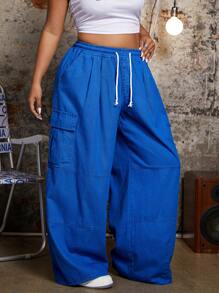 SHEIN ICON Plus Size Casual Drawstring Waist Loose Fit Solid Color Denim Cargo Pants For Spring/Autumn - Blue - View 3