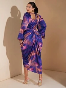 SHEIN BAE Plus Size Women Elegant Daily Holiday Date Cocktail Date Night Formal Party Loose Ruffled Neck Split Hem Printed Mid-Len Dress Autumn Pink Falfall - Purple - View 2