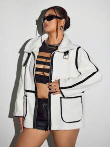 SHEIN ICON 大码纯色拉链前口袋蓬松羊羔针织外套 - 白色 - 查看 3