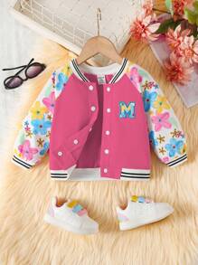 SHEIN 女婴休闲厚面料运动衫夹克，彩色印花撞色袖子，宽松版型，适合户外活动和派对，春秋季节 - 玫紅色 - 查看 1