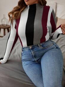 SHEIN Clasi Plus Size Zipper Closure Long Sleeve Striped Minimalist Pullover Knit Sweater - Burgundy - View 7