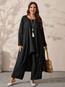 EMERY ROSE Plus Size Women's Fall Solid Color Round Neck Long Sleeve Asymmetric Hem Top And Wide Leg Pants Loose 2 Pieces Set - Black - View 5