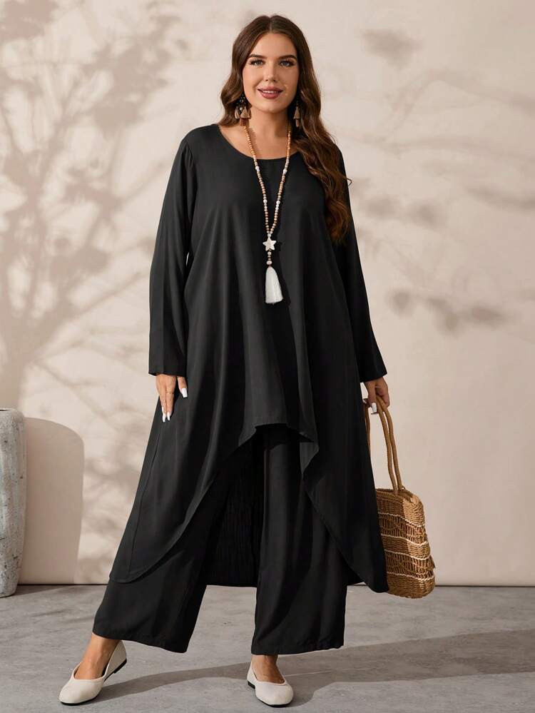 Plus Size Women's Fall Solid Color Round Neck Long Sleeve Asymmetric Hem Top And Wide Leg Pants Loose 2 Pieces Set