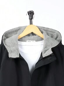 SHEIN Leap Crew 1 件青少年男童休闲百搭舒适长款宽松保暖内衬连帽衫带贴片，适合秋冬季户外穿着 - 黑色 - 查看 4