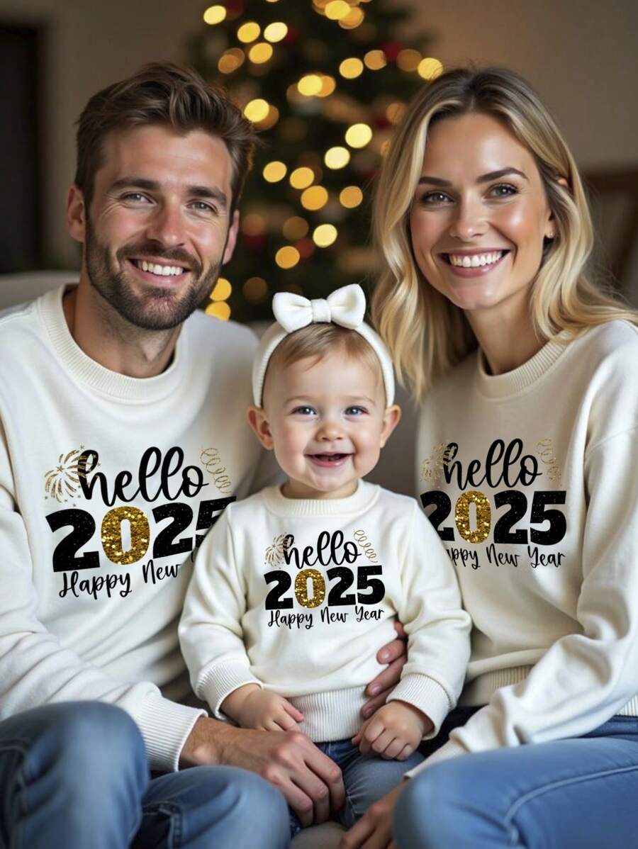 SHEIN Baby Girl Cute Happy New Year Letter Print Sweatshirt,Off-White Autumn Casual Matching Family Mommy And Me Gift,New Year Party (Sold Separately) - White - View 1