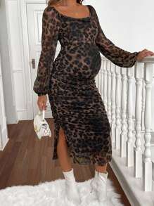 SHEIN Maternity Fashionable Leopard Print Lantern Sleeve Ruched Bodycon Dress, Autumn - Multicolor - View 4
