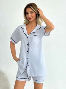 100% Cotton 2pcs/Women Contrast Binding&Pocket Detail Pajama Set - White - View 3