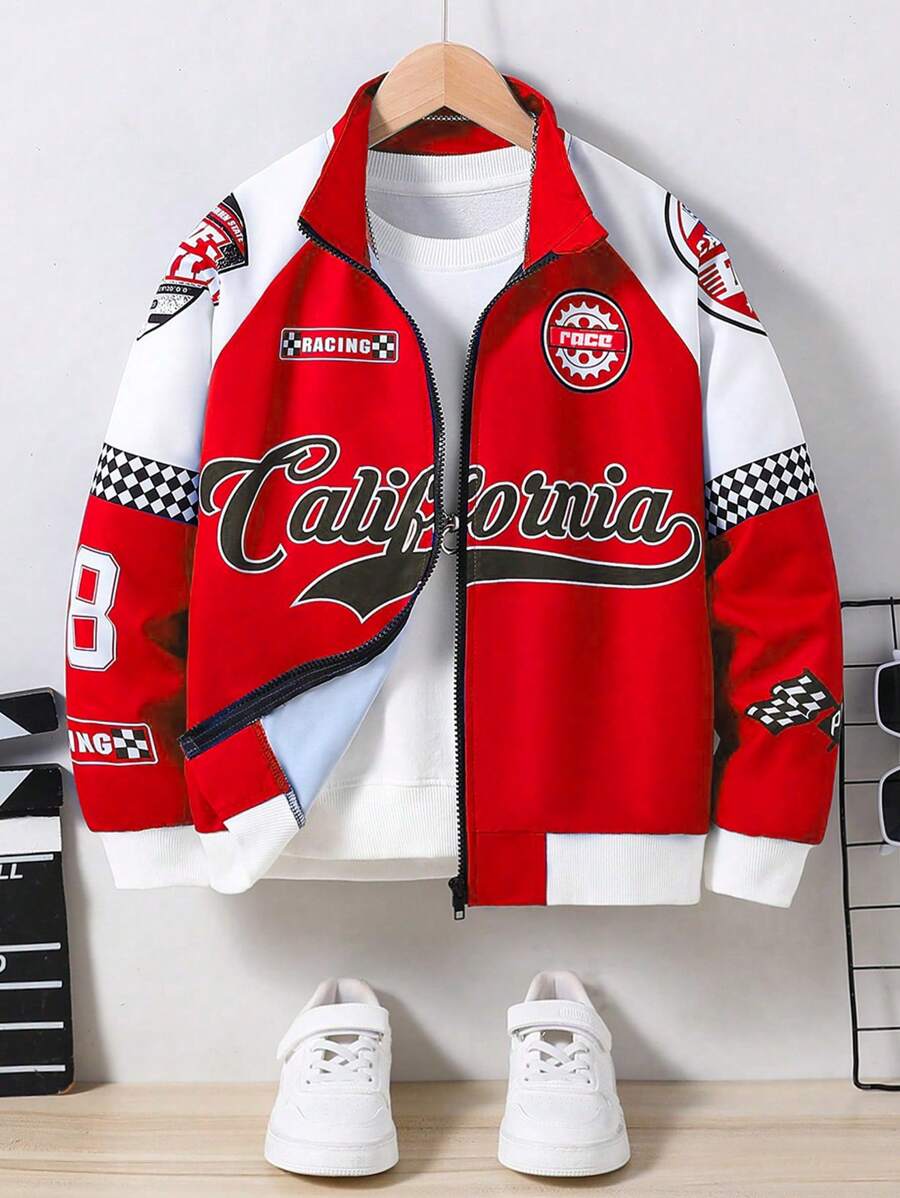 SHEIN 青少年男孩摩托车风格时尚长袖夹克 - 紅白色 - 查看 1