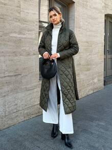 EURMUSE Solid Colour Padded Quilted Coat With Belt, Modern And Warm - Dark Green - View 1