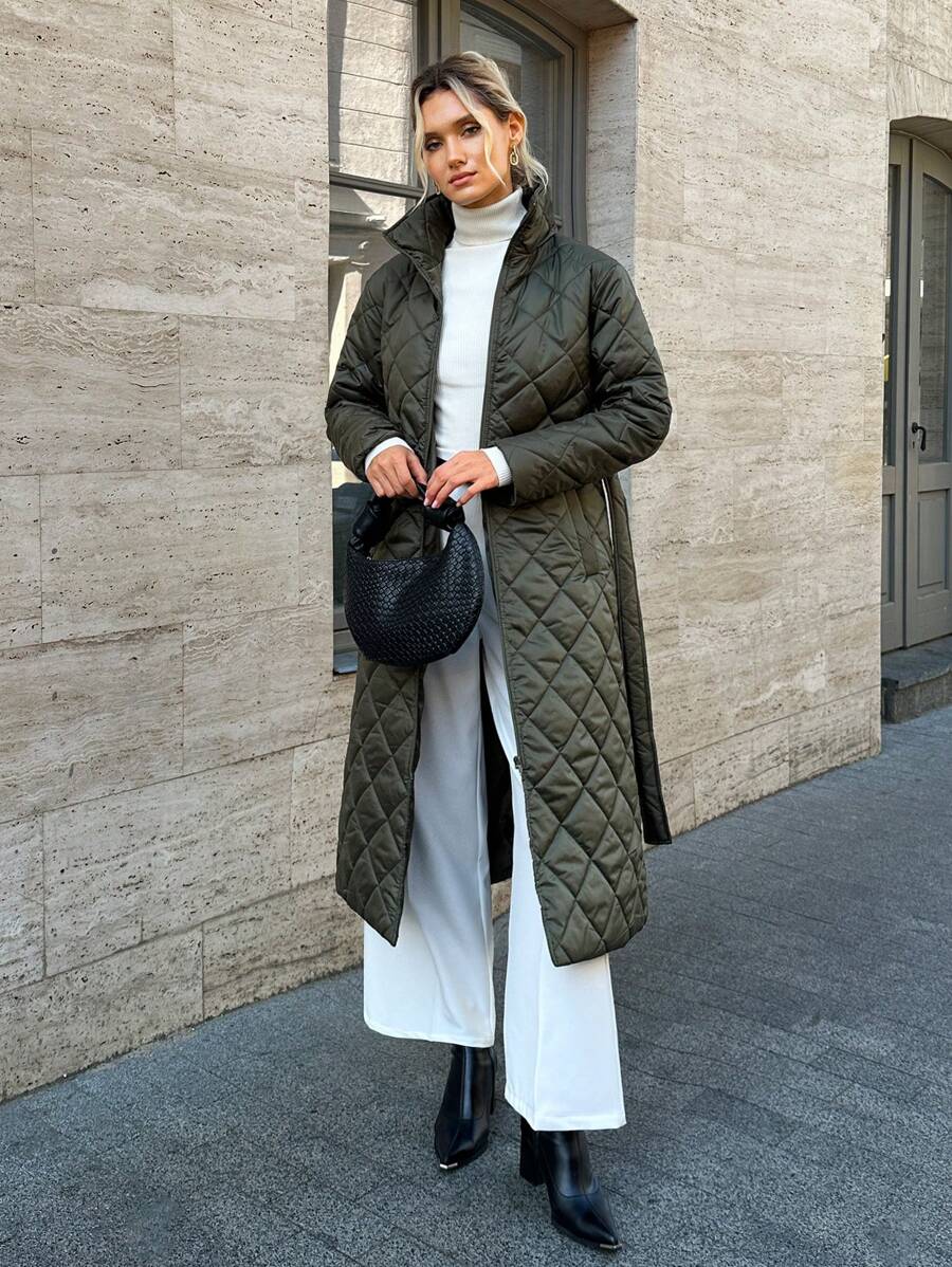 EURMUSE Solid Colour Padded Quilted Coat With Belt, Modern And Warm - Dark Green - View 1