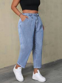 SHEIN EZwear Quần Jeans Co Giãn Lưng Cao Lót Nhiệt Size Lớn Cho Nữ Có Túi - Rửa nhẹ - Xem 4