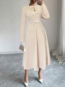 Elenzga 1 chiếc váy trang trí nơ thanh lịch thường ngày cho nữ, dành cho mùa thu - Màu be - Xem 5