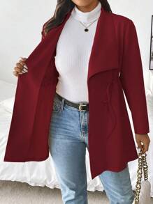 Flirla Plus Size Faux Suede Turndown Collar Drawstring Jacket - Red - View 3