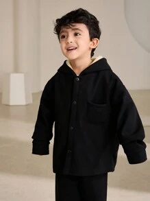 SHEIN 2 件装年轻男孩纯色前扣长袖连帽衫和裤子休闲套装 - 黑色 - 查看 8