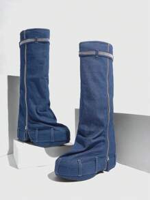 Sugerpunk Thick Sole Buckle Zipper Punk Style Long Boots For And Spring Shoes Spring Break Easter - Blue - View 1