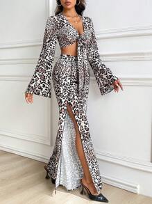 SHEIN Privé Bộ 2 món/bộ thời trang nữ thanh lịch, gợi cảm, giản dị, phong cách Y2K, cổ điển, thu đông, họa tiết da báo, buộc dây phía trước, tay loe, quần ống rộng cạp cao, xẻ tà - Nhiều màu - Xem 5