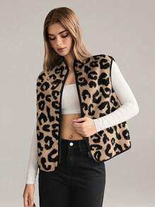 SHEIN Unity New European & American Style French Design Faux Shearling Leopard Print Women Jacket - Multicolor - View 7