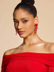SHEIN BAE 1 Pair Minimalist Solid Color Crystal Tassel Earrings, Casual Daily Wear - Red - View 4