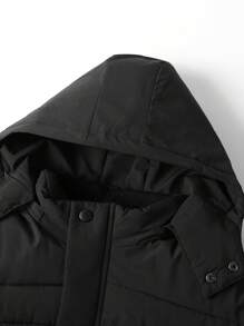 Manfinity Homme 男士纯色连帽领拉链口袋加厚外套，冬季外套，保暖外出黑色休闲外套，适合朋友、丈夫、男朋友的礼物 - 黑色 - 查看 4