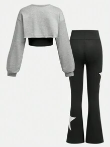 SHEIN Lunivi Set de 2 piezas de niña preadolescente con sudadera de punto y pantalones acampanados, con patrón bordado de estrellas, estilo informal y de Y2K, para otoño/invierno/primavera