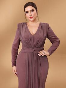 SHEIN Belle Plus Size Metallic Stretch V-Neck Twist Detail Dress, Wedding Guest Dress, Party Dress, Formal Dress, Evening Dress,Gown