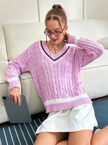 INAWLY Suéter de mujer de cuello en V estilo universitario de punto trenzado, informal para otoño/invierno