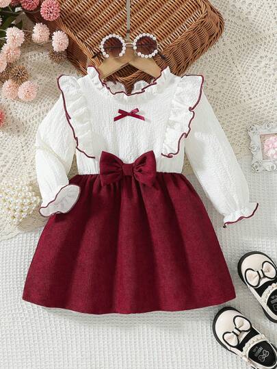 SHEIN Vintaside Kids 女婴拼色灯芯绒蝴蝶结装饰荷叶边下摆长袖连衣裙，秋季