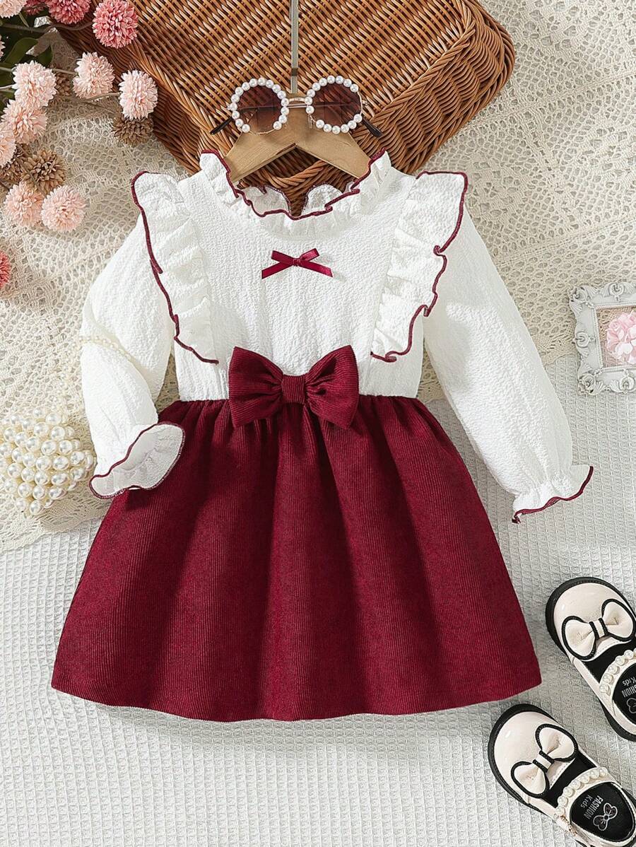 SHEIN Vintaside Kids 女婴拼色灯芯绒蝴蝶结装饰荷叶边下摆长袖连衣裙，秋季 - 酒紅色 - 查看 1