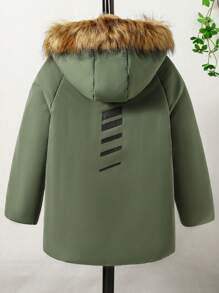 Tween Boys Hooded Mid-Length Padded Coat For Tween Boys, Casual - Army Green - View 2