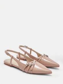 CUCCOO BIZCHIC 女士时尚杏色交叉绑带尖头露跟平底鞋，适合通勤、约会、派对、春季购物、春假、复活节和圣诞节等场合。 - 杏色 - 查看 2