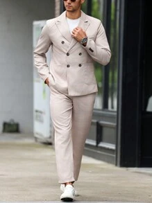 Manfinity Mode 男士休闲商务两件套西装套装 - 双排扣缺口翻领西装外套和裤子 - 卡其色 - 查看 3