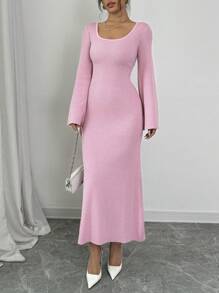 Chiquease Solid Color Long Loose Elegant Bell Sleeve Maxi Sweater Dress, Pink, For Autumn