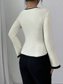 Chiquease Women Contrast Color U Neck Slim Fit Knit Sweater, Autumn/Winter Layering Tee Knit Pullover Fall Outfit - Apricot - View 2