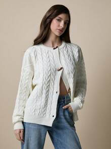SHEIN Cottnline Crew Neck Loose Cable Knit Cardigan - Beige - View 5