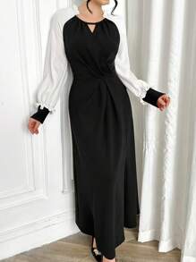 Modelyn 女士双色开领、插肩袖、褶皱腰、高开衩连衣裙、春秋长款晚礼服 - 黑與白 - 查看 7