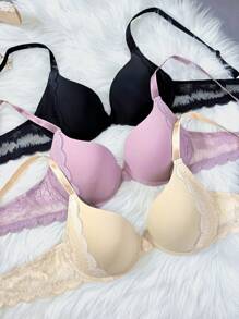 1 件女士简约纯色蕾丝拼接文胸