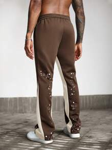 Manfinity EMRG 男士休闲街头风格字母印花撞色抽绳腰部宽松直筒运动裤，狂野风 - 咖啡棕 - 查看 2