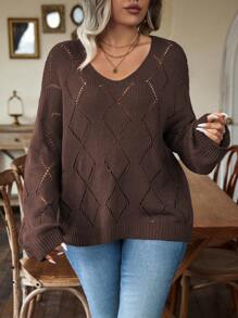 EMERY ROSE 大码纯色V领长袖镂空极简毛衣，休闲日常穿着，冬季针织套头衫 - 咖啡棕 - 查看 7