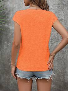 SHEIN LUNE 女式纯色简约 V 领蝙蝠袖宽松 T 恤，夏季 - 橘色 - 查看 2