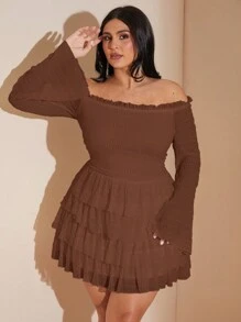SHEIN BAE 大码秋季甜美性感白色荷叶边纹理露肩长袖褶皱分层荷叶边迷你连衣裙 - 咖啡棕 - 查看 5