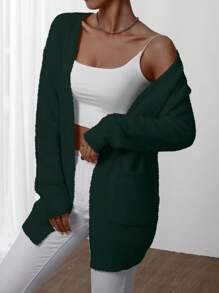 Chiquease Solid Color Casual Cardigan With Pockets, Versatile Long Sleeve Knit Sweater - Dark Green - View 5