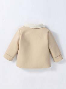 SHEIN 男婴冬季简约时尚 PU 皮革防风休闲连帽加厚保暖长袖柔软舒适夹克，宽松适合户外和家居 - 米色 - 查看 2