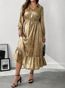 Flirla Women's V-Neck Long Sleeve Cinched Waist Drawstring Bell A-Line Patchwork Ruffles Dress, Gold Foil, Autumn/Winter - Gold - View 4