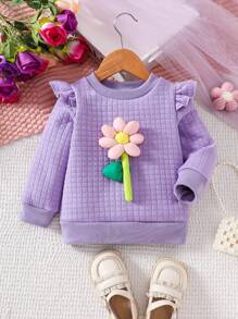 Baby Girl Floral Decor Round Neck Long Sleeve Patchwork Ruffle Hem Sweatshirt For Autumn - Hot Pink - View 1