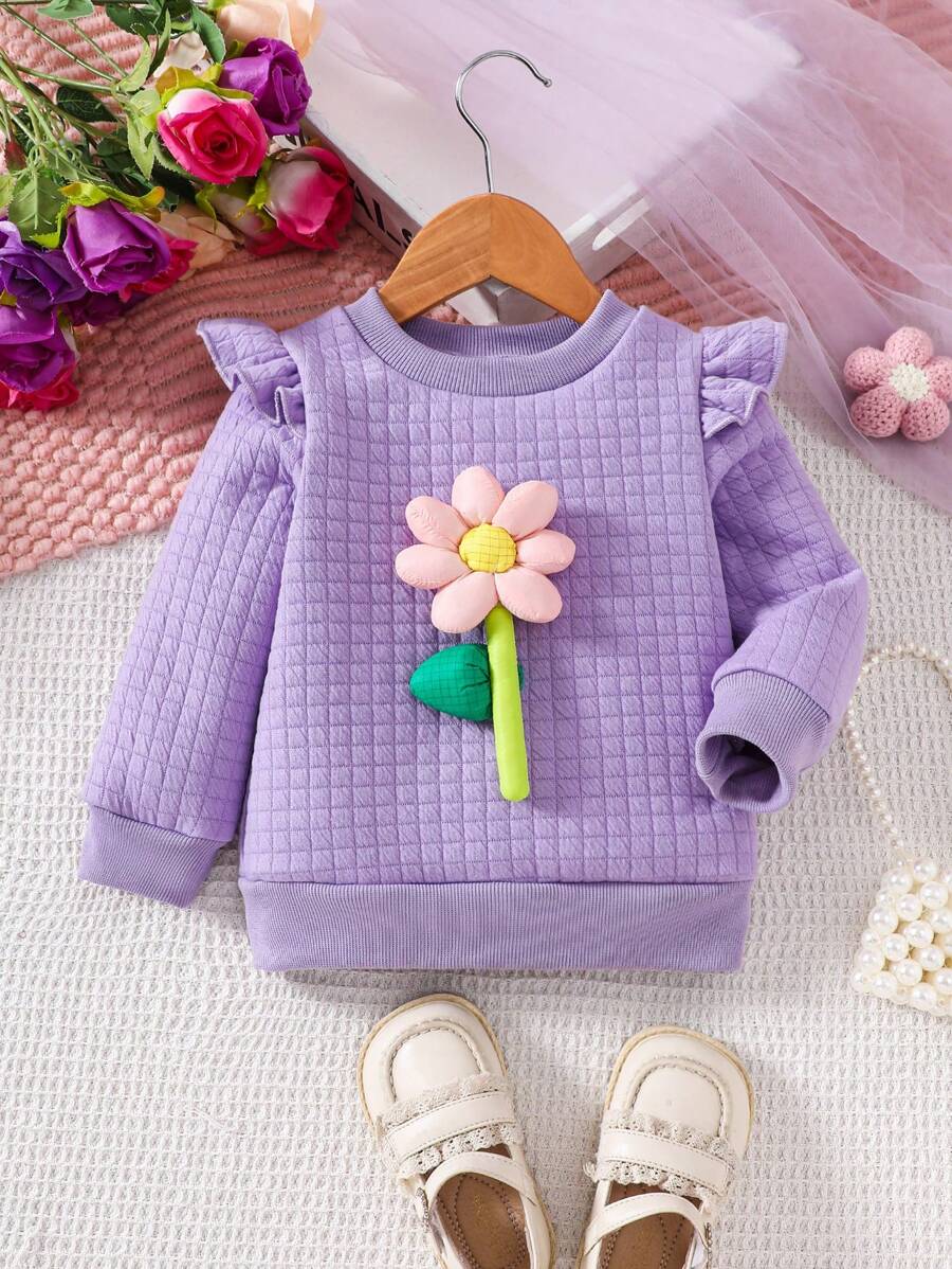 Baby Girl Floral Decor Round Neck Long Sleeve Patchwork Ruffle Hem Sweatshirt For Autumn - Hot Pink - View 1