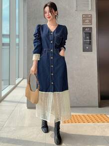 DAZY Women Lace Patchwork Front Button Long Sleeve Casual Denim Dress, Everyday Wear,Fall Clothes