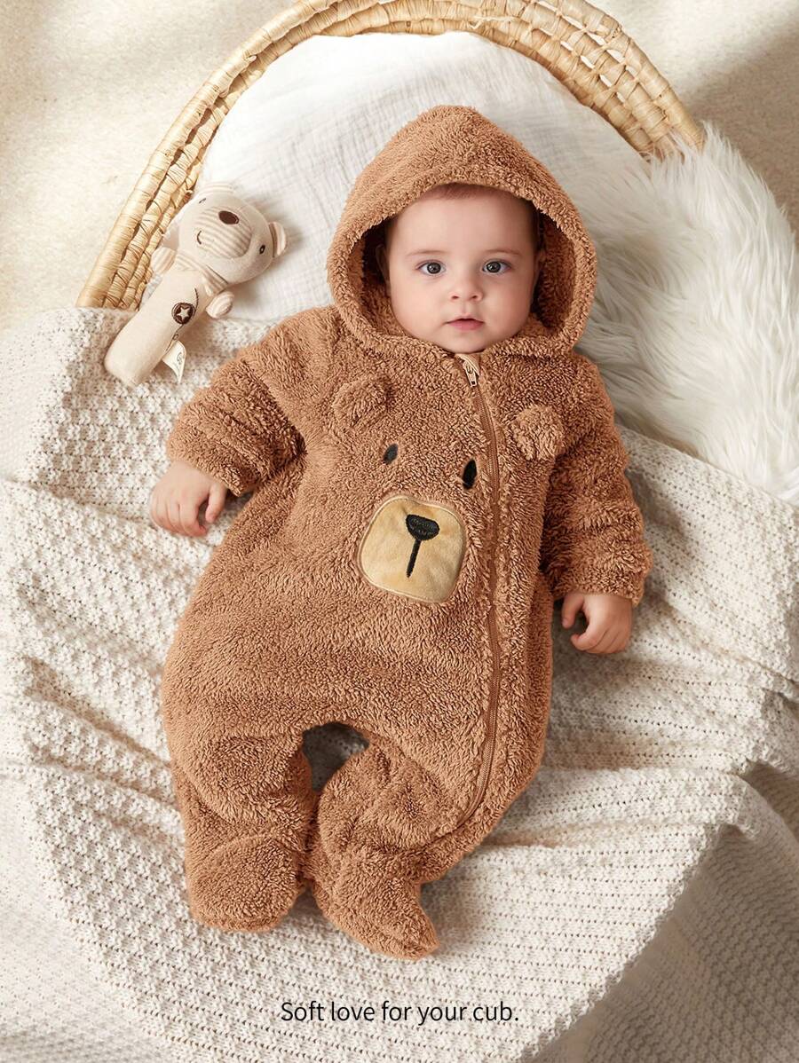 Cozy Pixies 新生儿男孩卡通熊耳朵连帽加厚长袖连脚连体衣 - 卡其色 - 查看 1