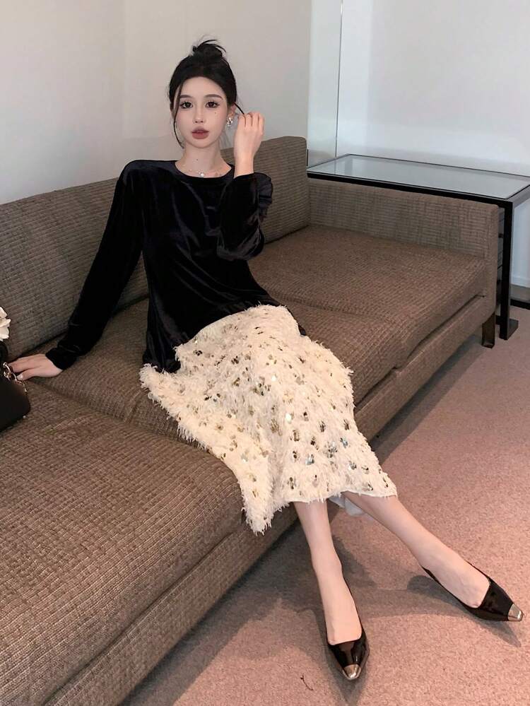 Women's Autumn Long Sleeve Sequin Patchwork Dress ,New Year Eve Prom Dress,Fall Women Clothes Elegant Women Dresses Carnival Sparkly Dress Maxi Dress