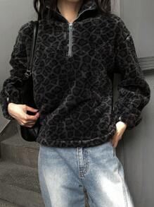 DAZY Casual Leopard Print Fleece Sweatshirt, Fall/Winter,Long Sleeve Tops,Fleece Lined