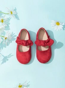 1pair Cute Velvet Bow Decor Flats For Little Girls, Suitable For All Seasons